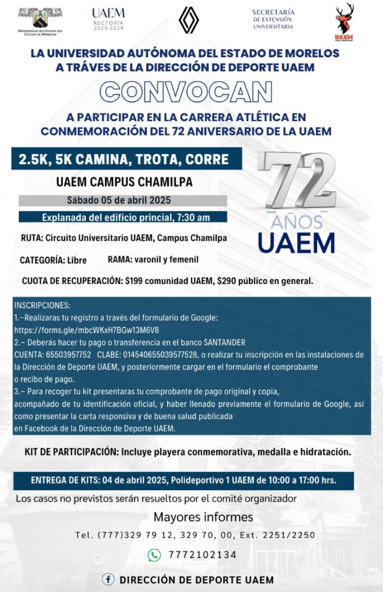 Invita la UAEM a carrera atlética por sus 72 años