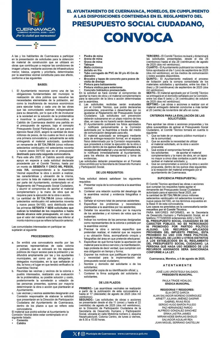 Gobierno de Cuernavaca lanza 2a  convocatoria a Presupuesto Social