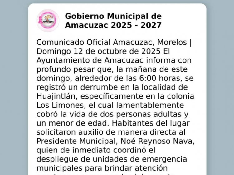 Dos adultos y un menor sepultados por un derrumbe en Huajintlán, Amacuzac.