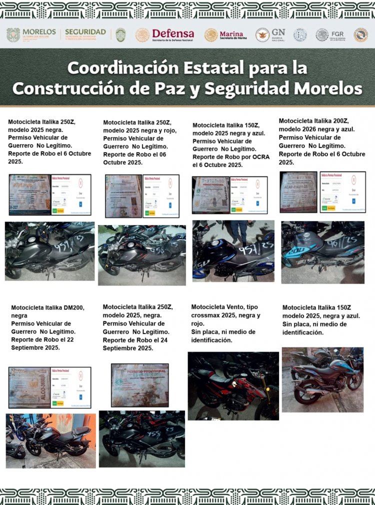 Recuperan 11 motocicletas con reporte de robo en Zapata